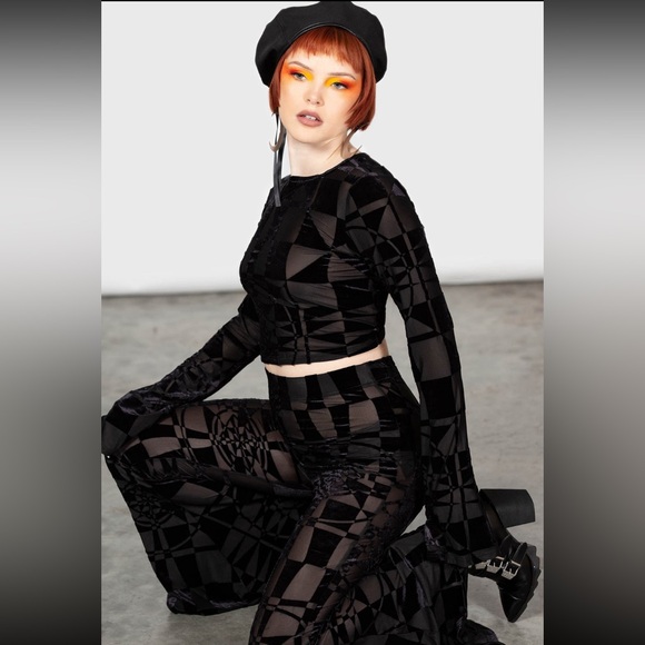 KILLSTAR Suspiria Mood Stretch Mesh Velvet Burnout Flared Pants Black Size XS S - Picture 2 of 7